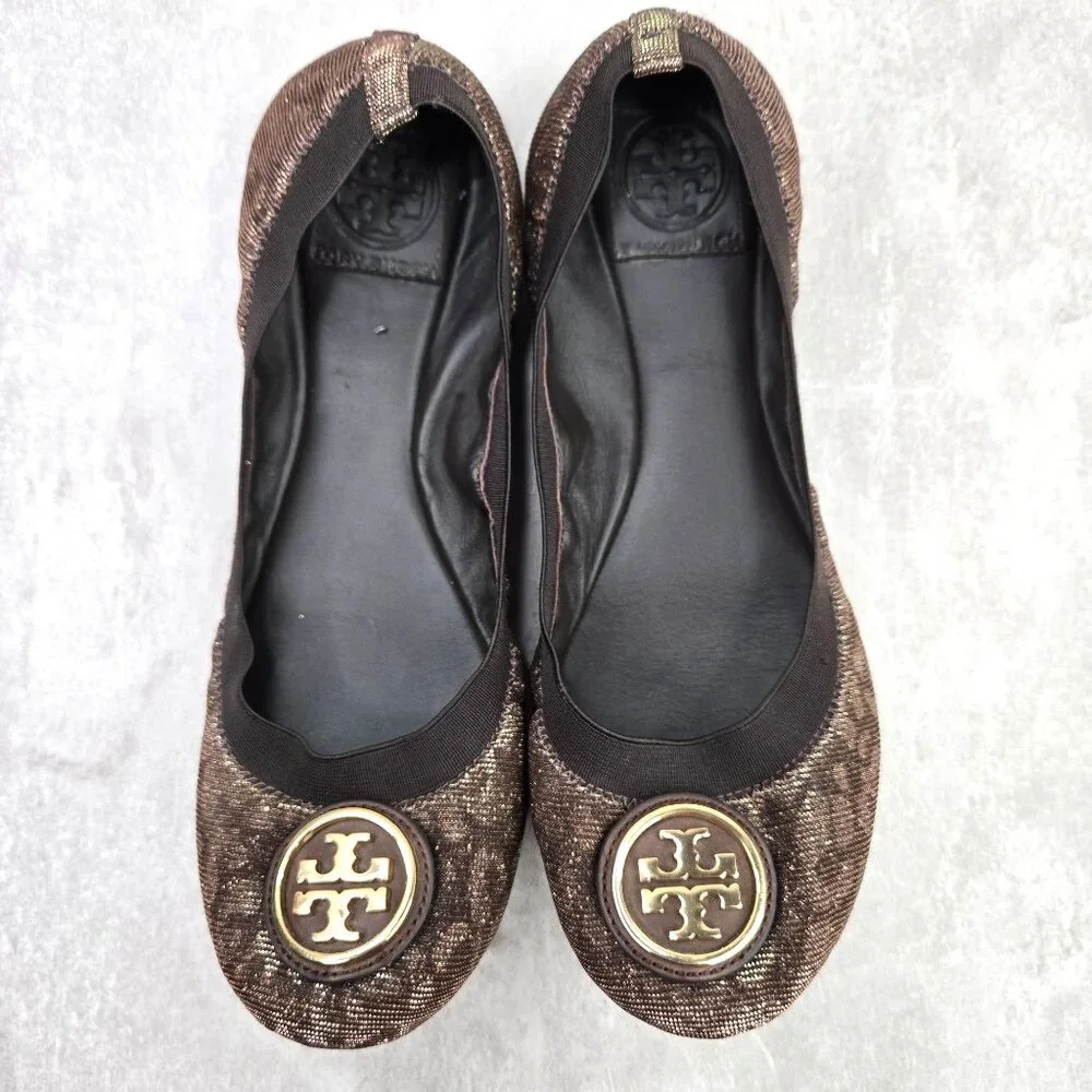 Tory Burch Ballet Flats Size 8 Animal Print Metallic Dressy Logo Ballerina Shoes - Picture 1 of 11